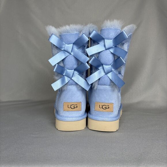 Womens Ugg Boots Bailey Bow Whisper Blue Suede Sheepskin Coquette Very RARE Sz 6 - Picture 4 of 16